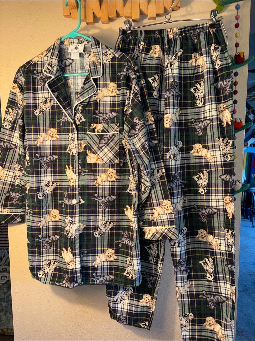 EUC VINTAGE Eileen West green plaid 100% COTTON flannel pajama set covere